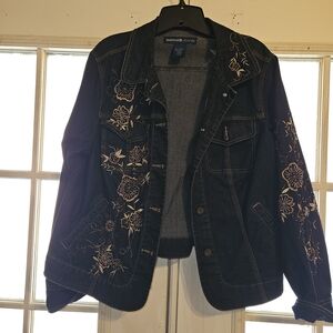 Avenue Dark Blue Denim Jacket with Pink Floral Embroidery